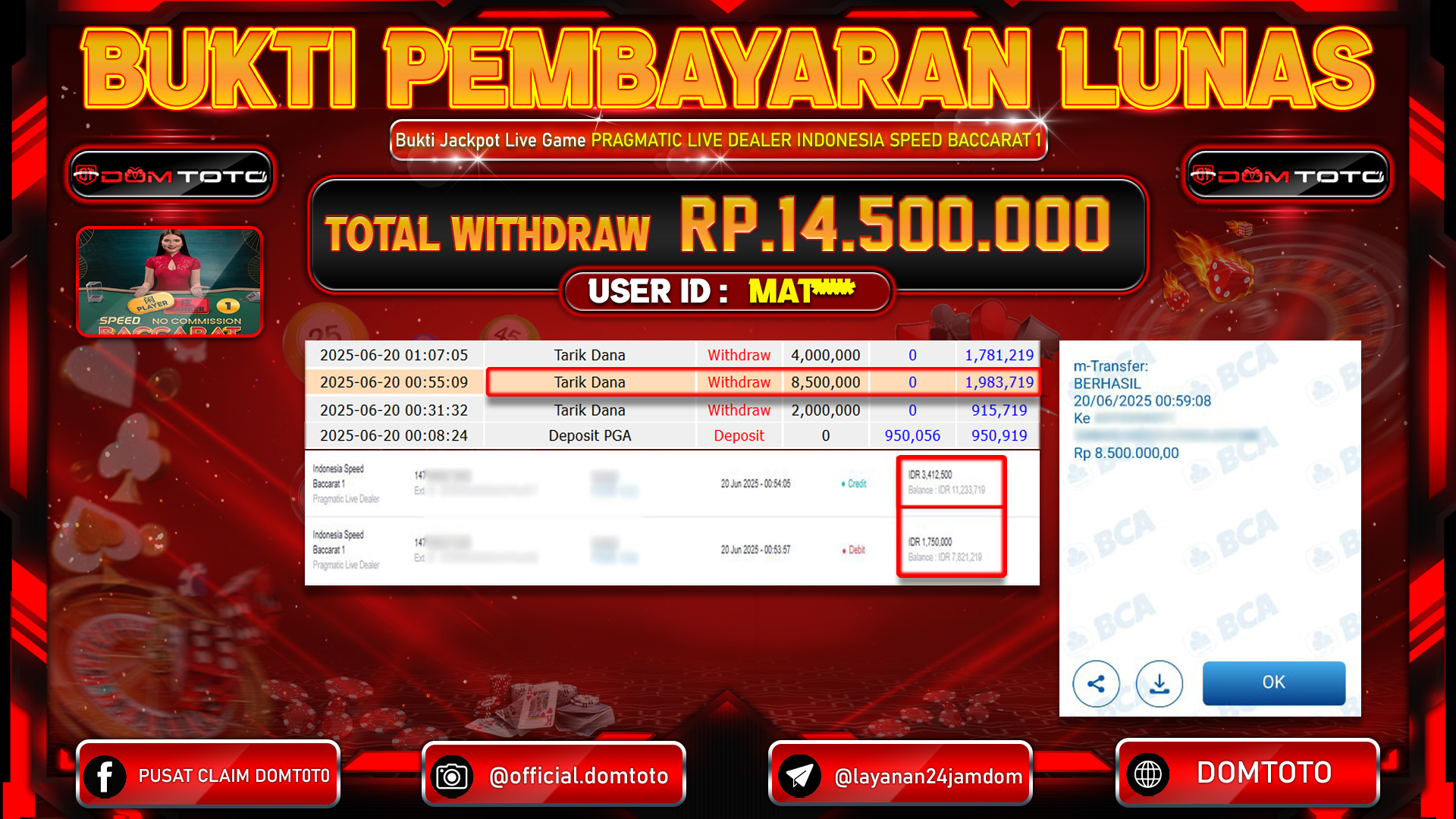JACKPOT LIVE GAME INDONESIA SPEED BACCARAT 20 JUNI 2025